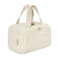 Quilted beige travel toiletry bag with wide opening and lightweight padded design - Beige