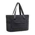 Detailed view of black quilted tote bag with front zipper pocket and wide nylon shoulder straps - Black