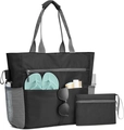 Large black waterproof sandproof beach tote bag with matching zippered clutch set - Black