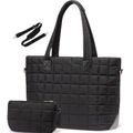 Schwarzes gestepptes Shopper-Set mit passender kleiner Tasche und Nylon-Schultergurt - Schwarz