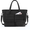 Detail view of black quilted waterproof tote bag with shoe compartment and shoulder strap - Black