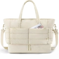 Quilted beige travel duffel bag with separate bottom compartment and shoulder strap - Off White