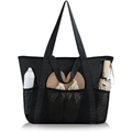 Large black sandproof beach tote bag with mesh pockets holding flip flops and sun spray - Solid Black