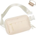 Detail view of cream nylon belt bag with double zipper pockets and adjustable strap - Beige