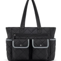 Large black quilted tote bag with multiple pockets and gray trim for travel or yoga - Black