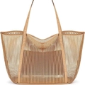 Ruime kaki mesh draagtas met versterkte handvatten voor het strand of op reis - 35x40x18cm / Khaki