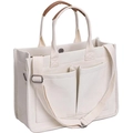Detail view of large canvas tote bag showing side structure and brown leather handles - Beige