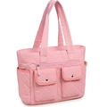 Pink quilted tote bag with multi-pocket design and crossbody strap for travel - Pink