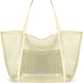 Lightweight beige mesh shoulder tote bag with reinforced handles for beach or travel - 35x40x18cm / Off White
