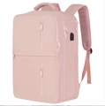 Pink 17-inch travel backpack with multi-layer zippers and integrated USB charging port - Pink
