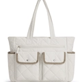 Quilted off-white large tote bag with double straps and multiple pockets on white background - White