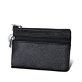 Mini black pebbled leather RFID wallet with double silver zippers and key ring - Black