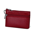 Mini red genuine leather coin purse with dual zippers and RFID blocking technology - Burgundy