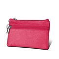 Rose red genuine leather RFID blocking coin purse with double zippers and key ring - Rose Red