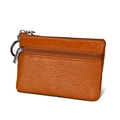 Brown orange litchi grain leather mini coin purse with RFID protection and dual zippers - Brown