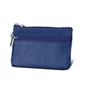 Dark blue leather RFID coin purse with double silver zippers and pebbled texture finish - Sapphire Blue