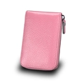Pink lychee grain leather card holder wallet with silver zipper and compact design - Pink