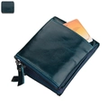 Short teal RFID leather wallet with double zippers and card slot in a diagonal view - Blue