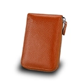 Brown leather accordion credit card wallet with secure zipper and litchi texture - Brown