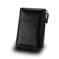 Black pebble grain leather card holder with silver metal zipper and multi-slot design - Black