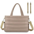 Detail einer gesteppten Wickeltasche mit Seitentaschen und verstellbarem Schultergurt - Braun