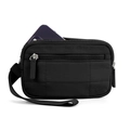 Quilted black nylon mini pouch with dual zippers showing phone storage capacity - Black