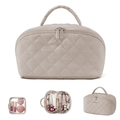Beauty case beige in pelle PU trapuntata con grande capacità e scomparti interni - Dimensioni 25x14x13cm / Cachi