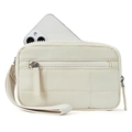 Mini quilted square wristlet bag in cream white with dual zippers for smartphone storage - Beige