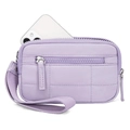 Macro detail of lavender quilted mini bag showing layered zippers and interior phone storage - Light Purple