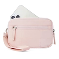 Detail of light pink quilted mini bag showing zipper pockets and phone storage capacity - Pink