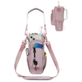 Pink insulated water bottle holder with adjustable strap and multi-pocket storage bag - Pink