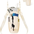 Detail view of water bottle carrier bag with pockets for phone, cards and accessories - 7*7*26cm / Beige