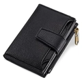 Close-up of black lychee grain PU leather wallet with zipper pocket and bronze hardware - Black