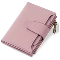 Close-up of pink PU leather bifold wallet with multi-card slots and bronze zipper pocket - Pink