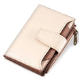 Detail view of bi-fold PU leather wallet with zipper coin pocket and card slots - Beige