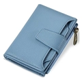 Light blue lychee pattern leather bifold wallet with multi-card slots and bronze zipper - Blue