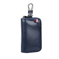 Estuche para llaves de cuero azul oscuro con raya tricolor y gancho de metal plata - Azul marino