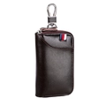 Estuche de cuero marrón oscuro para llaves con gancho de plata y cinta tricolor - Café