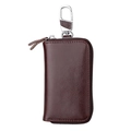 Genuine leather car key case in dark wine red with L-shaped zipper and metal hook - Coffee