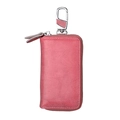 Rose red genuine leather car key pouch with U-shaped zipper and metal hook - Carmine Pink