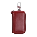 Dark red leather car key case with silver zipper and sturdy metal snap hook - Burgundy