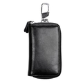 Genuine black leather car key pouch with zipper closure and silver metal carabiner - Black