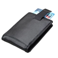 Slim black leather RFID wallet featuring a convenient pull-tab and lychee texture - Black