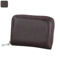 Dark brown leather RFID accordion card holder with pebble texture and silver zipper - Coffee