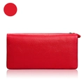 Red genuine leather long wallet for women with zipper closure and litchi grain texture - Red
