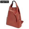 Large brown genuine leather backpack with lychee pattern and triangle stitching - Large / Brown