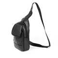 Men's black genuine leather chest bag with lychee texture and front flap pocket - Black