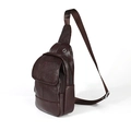 Dark brown pebble grain leather men chest bag with front flap and earphone hole - Coffee