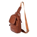Brown litchi grain leather sling bag for men with multiple zipper compartments and strap - Brown