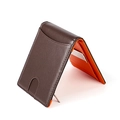 Cartera delgada de cuero para hombre en marrón oscuro con interior naranja y clip RFID - Café y Naranja